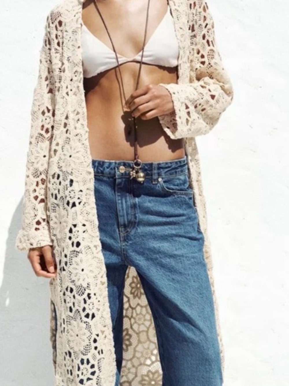 Zara Cream Openwork Crochet Long Cardigan